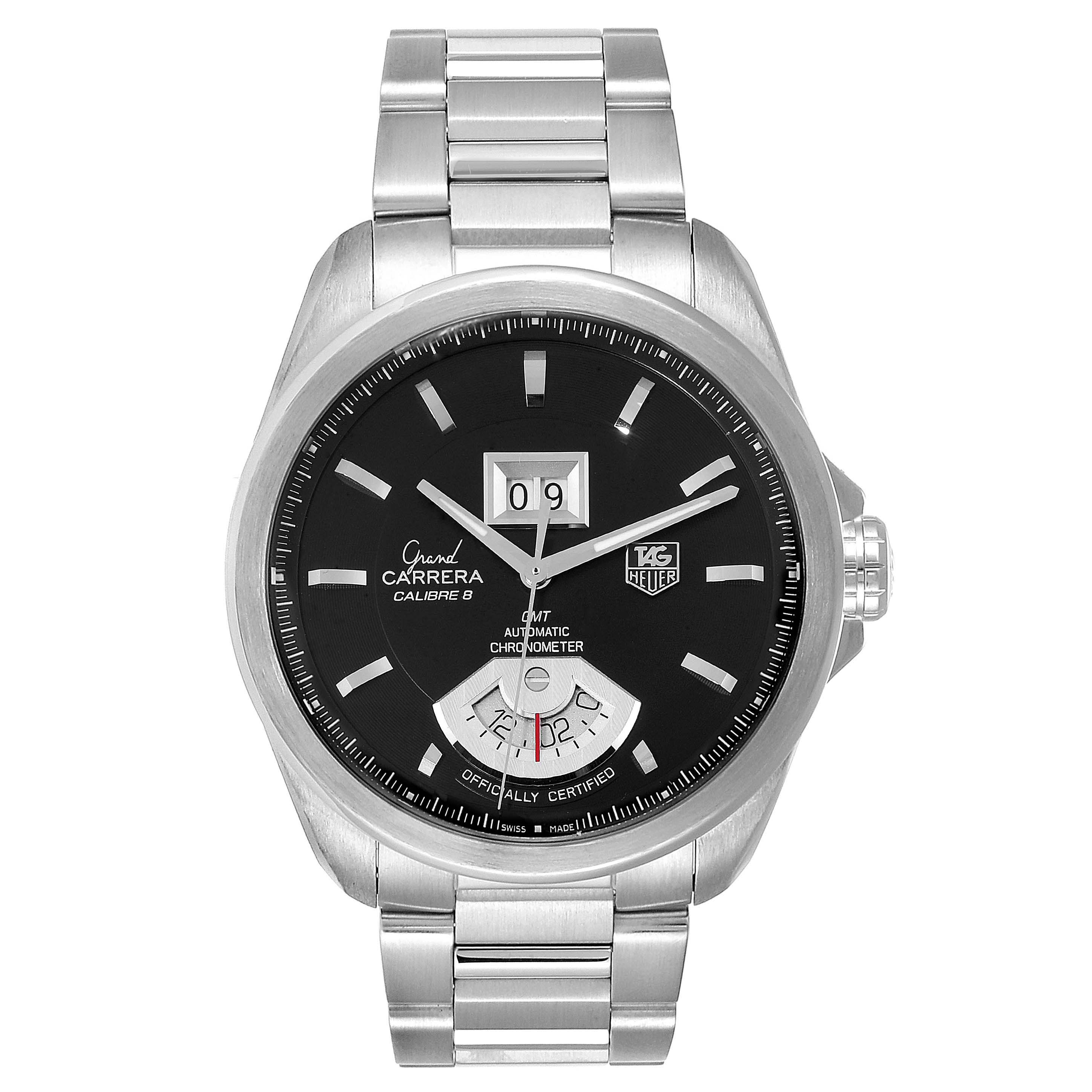 The image shows a front-facing view of the Tag Heuer Carrera WAV5111.BA0901 Men
s Stainless Steel Black Dial WAV5111.BA0901 Men
s Stainless Steel Black Dial watch, displaying its face, bezel, and bracelet band.