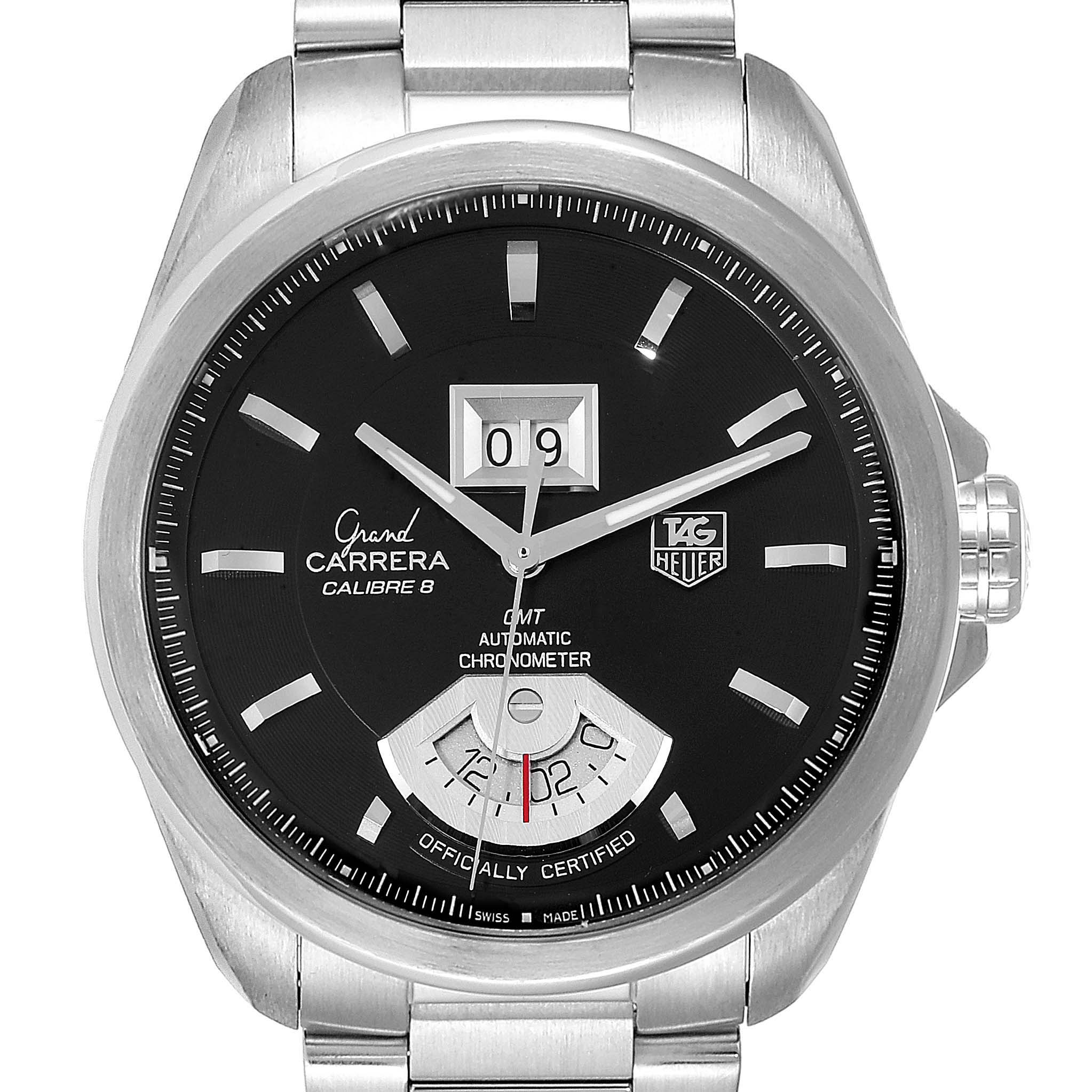 The image shows a front view of the Tag Heuer Carrera WAV5111.BA0901 Men
s Stainless Steel Black Dial WAV5111.BA0901 Men
s Stainless Steel Black Dial model watch with a black dial and silver case.