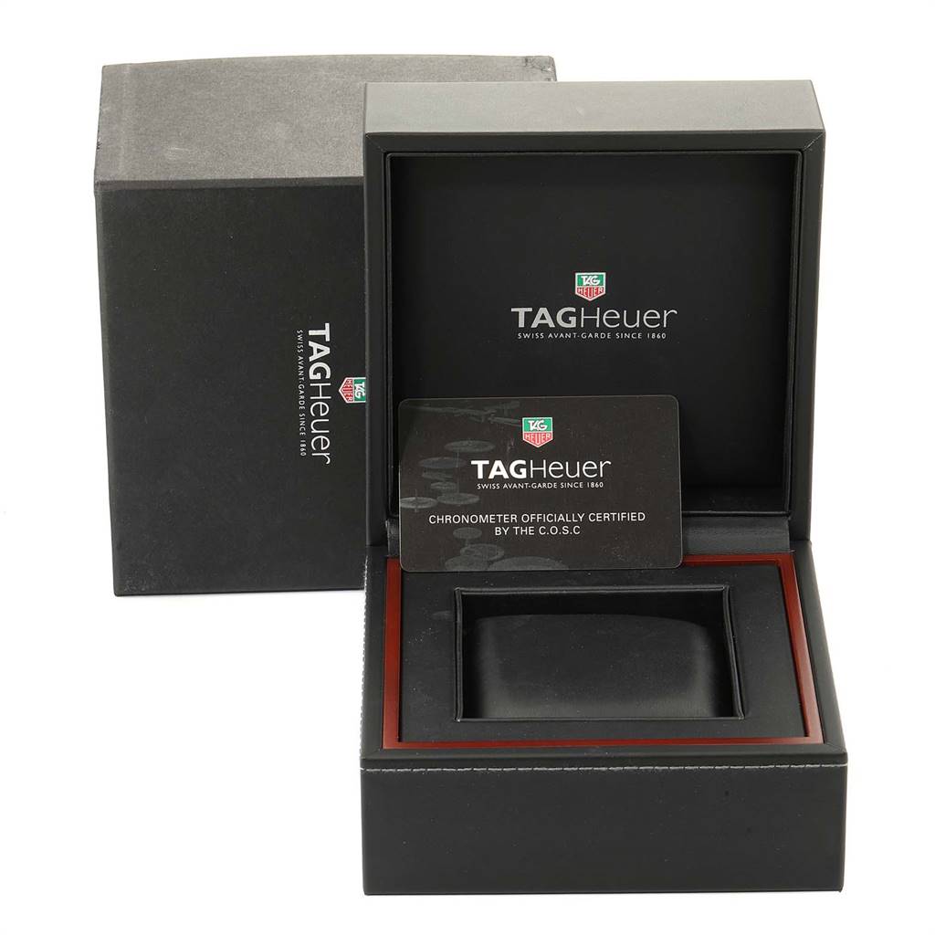 The image shows the empty watch box and certification card for the Tag Heuer Carrera WAV5111.BA0901 Men
s Stainless Steel Black Dial WAV5111.BA0901 Men
s Stainless Steel Black Dial model.