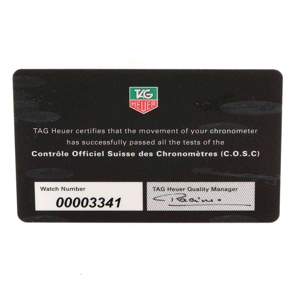 This image shows a certification card for the Tag Heuer Carrera WAV5111.BA0901 Men
s Stainless Steel Black Dial WAV5111.BA0901 Men
s Stainless Steel Black Dial model watch, displaying the COSC certification information and watch number.