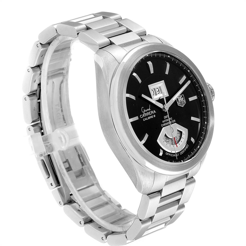 The image shows a Tag Heuer Carrera WAV5111.BA0901 Men
s Stainless Steel Black Dial WAV5111.BA0901 Men
s Stainless Steel Black Dial watch at a three-quarter angle, highlighting its face, bracelet, and side profile.