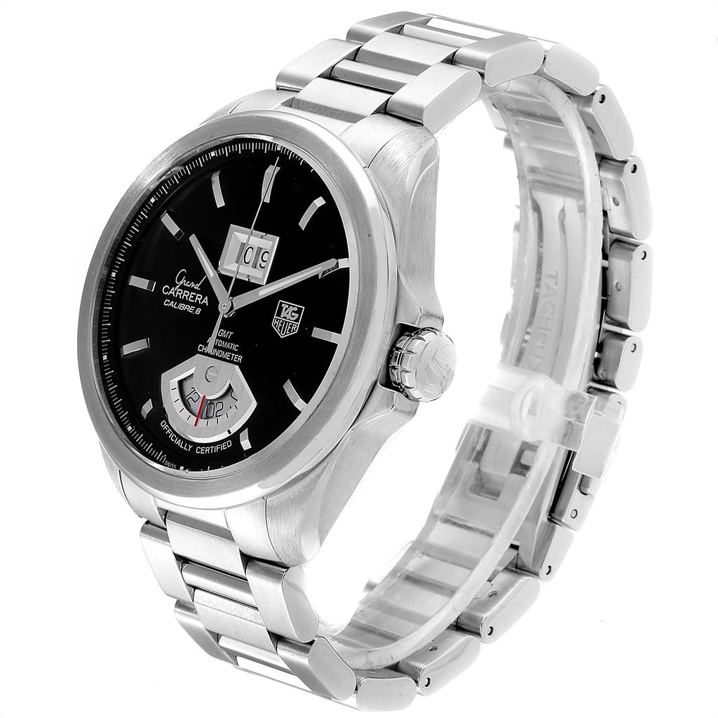 The image shows a side angle of the Tag Heuer Carrera WAV5111.BA0901 Men
s Stainless Steel Black Dial WAV5111.BA0901 Men
s Stainless Steel Black Dial watch, focusing on its face, case, and metal bracelet.