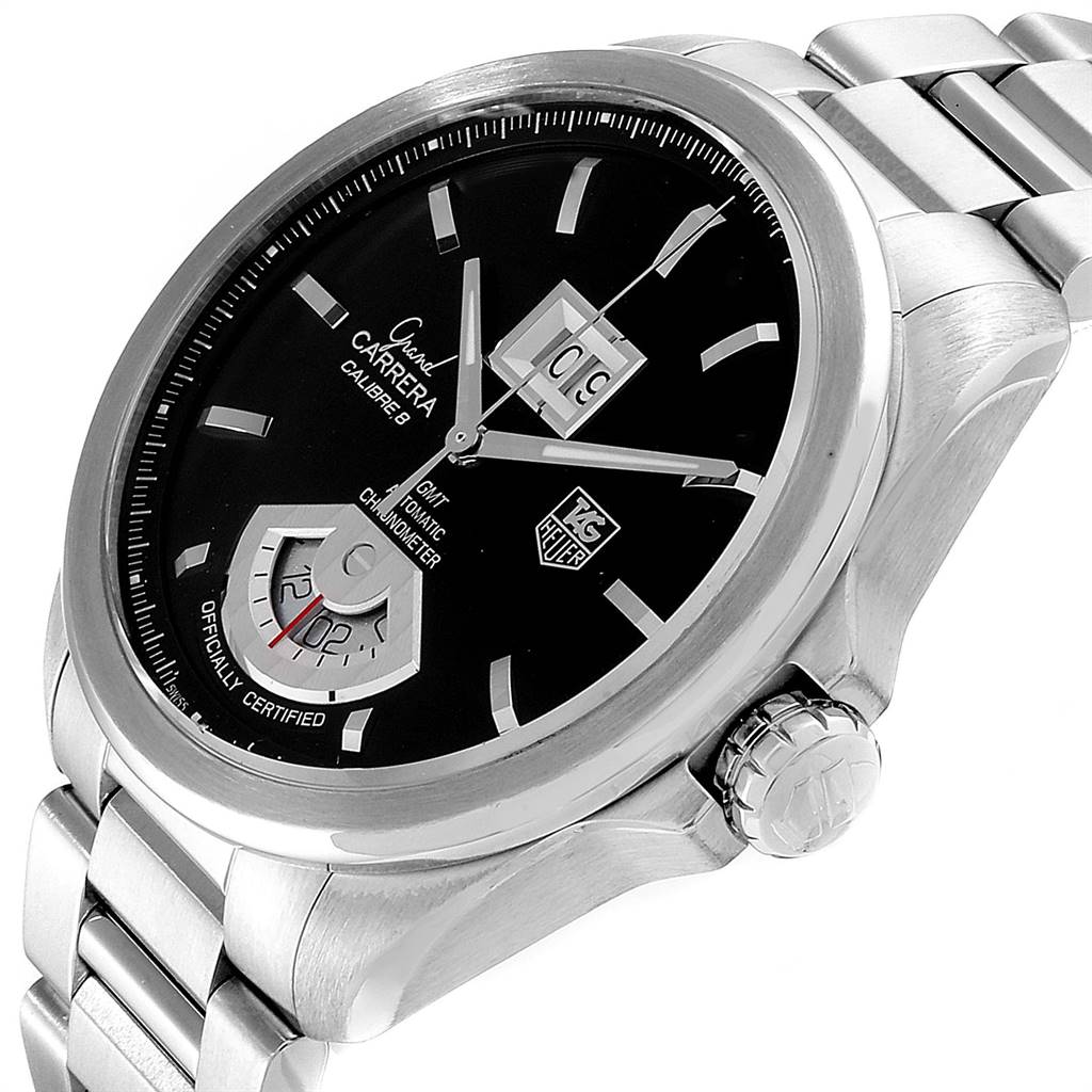 The image shows a close-up side angle of a Tag Heuer Carrera WAV5111.BA0901 Men
s Stainless Steel Black Dial WAV5111.BA0901 Men
s Stainless Steel Black Dial watch, highlighting the bezel, dial, crown, and part of the bracelet.