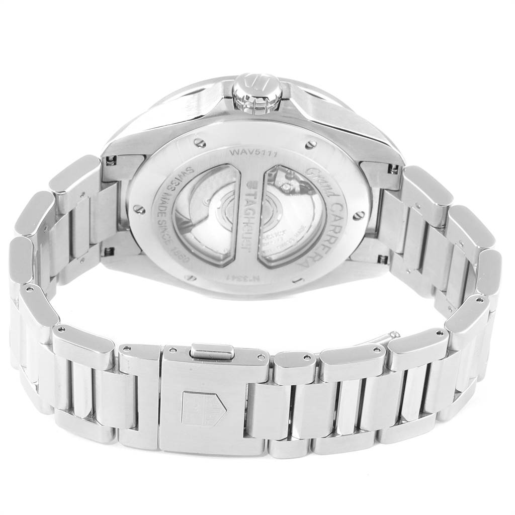 The image shows the back view of a Tag Heuer Carrera WAV5111.BA0901 Men
s Stainless Steel Black Dial WAV5111.BA0901 Men
s Stainless Steel Black Dial watch, highlighting the bracelet, clasp, and case back with visible movement.