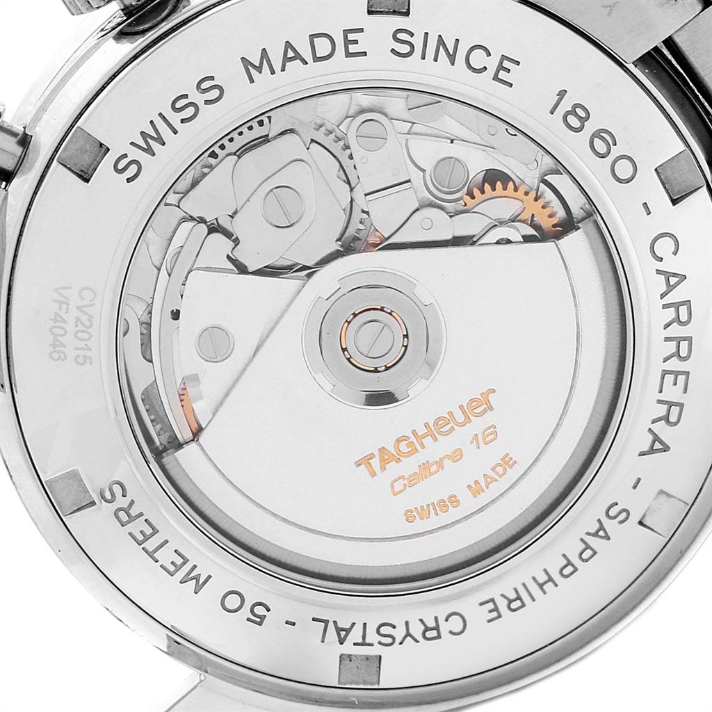 The image shows the transparent case back showcasing the movement of the Tag Heuer Carrera CV2A1V.BA0738 Men's Stainless Steel Blue Dial CV2A1V.BA0738 Men's Stainless Steel Blue Dial watch.