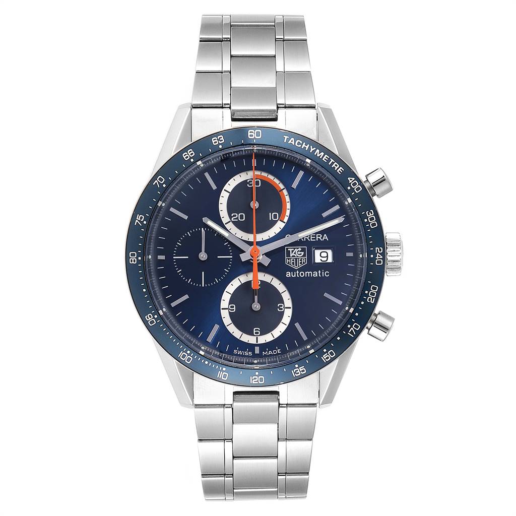 The image shows a frontal view of a Tag Heuer Carrera CV2A1V.BA0738 Men's Stainless Steel Blue Dial CV2A1V.BA0738 Men's Stainless Steel Blue Dial watch, featuring a blue dial, stainless steel bracelet, and chronograph sub-dials.
