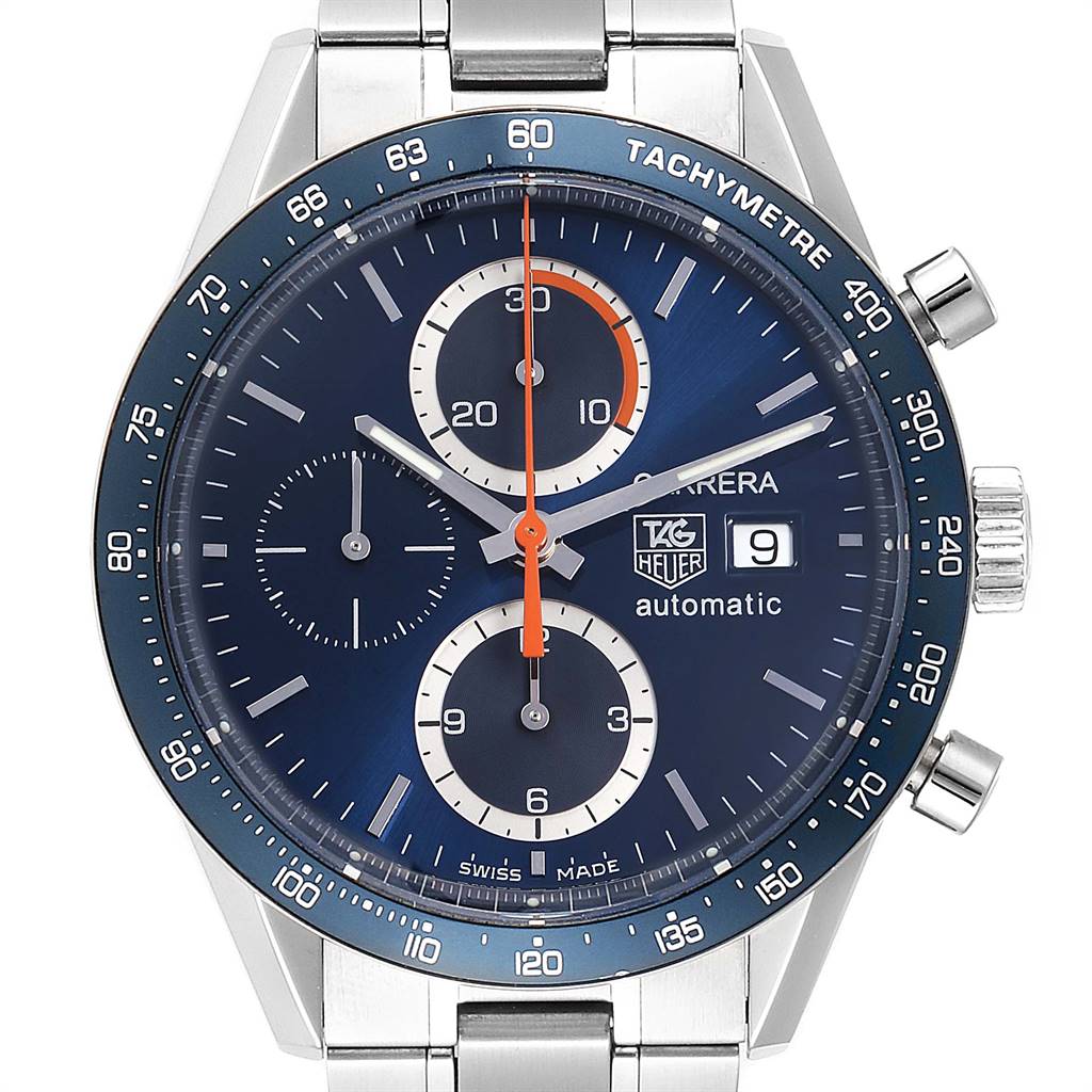 This image shows a front view of the Tag Heuer Carrera CV2A1V.BA0738 Men's Stainless Steel Blue Dial CV2A1V.BA0738 Men's Stainless Steel Blue Dial watch, highlighting its dial, bezel, and stainless steel bracelet.