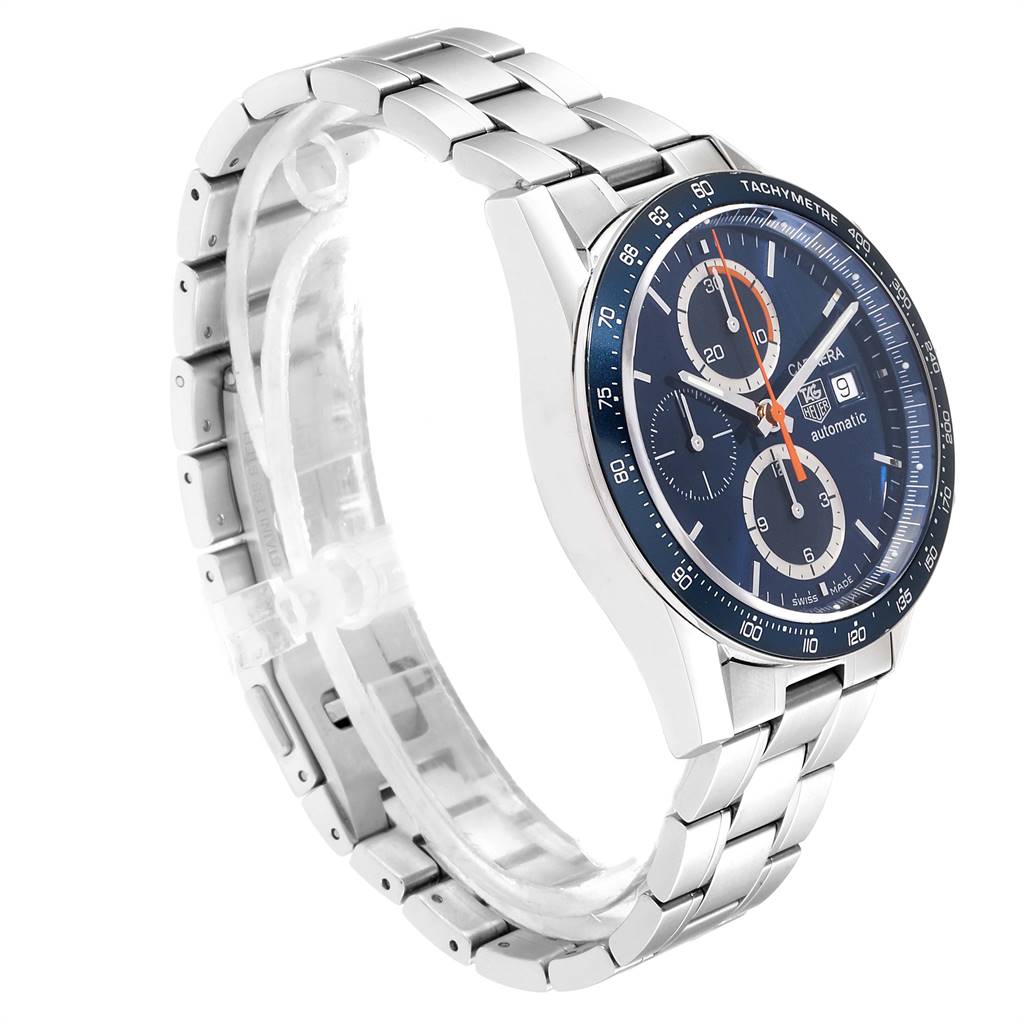 The image shows a side angle of the Tag Heuer Carrera CV2A1V.BA0738 Men's Stainless Steel Blue Dial CV2A1V.BA0738 Men's Stainless Steel Blue Dial watch, highlighting the blue dial and stainless steel bracelet.