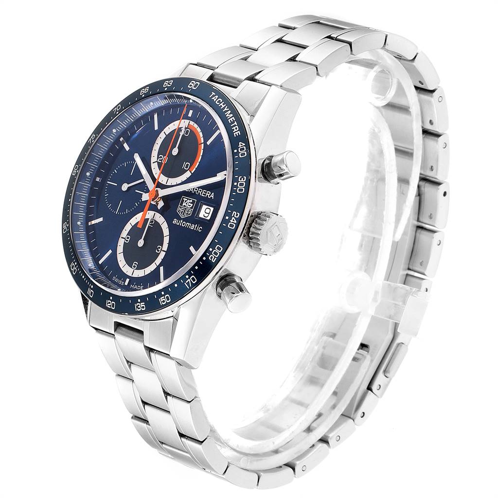 The Tag Heuer Carrera CV2A1V.BA0738 Men's Stainless Steel Blue Dial CV2A1V.BA0738 Men's Stainless Steel Blue Dial watch is shown at a slight side angle, displaying the face, crown, pushers, and link bracelet.