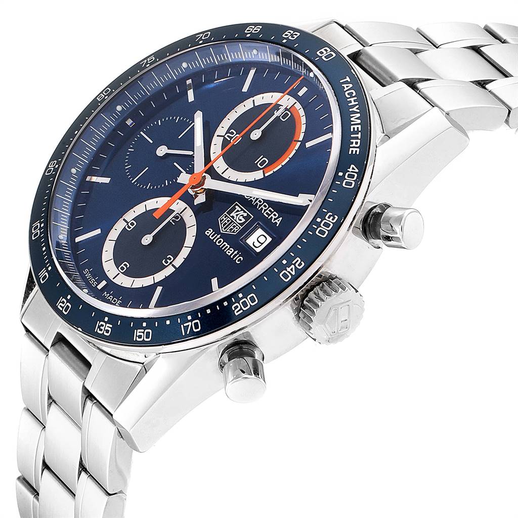 This image shows a side angle of a Tag Heuer Carrera CV2A1V.BA0738 Men's Stainless Steel Blue Dial CV2A1V.BA0738 Men's Stainless Steel Blue Dial watch, highlighting the dial, crown, pushers, and part of the bracelet.
