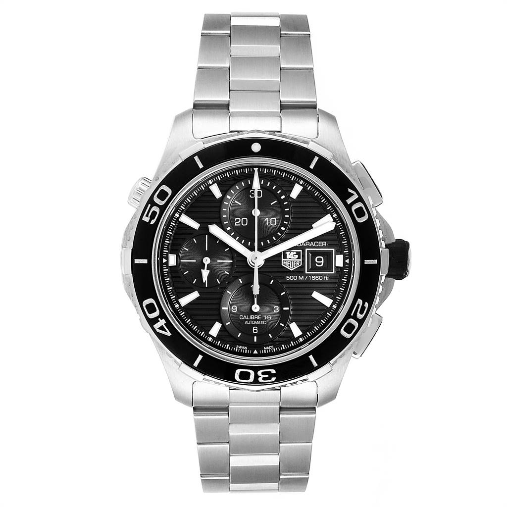 The Tag Heuer Aquaracer CAK2110.BA0833 Men's Stainless Steel Black Dial CAK2110.BA0833 Men's Stainless Steel Black Dial watch is shown from a front angle, displaying its dial, bezel, and stainless steel bracelet.