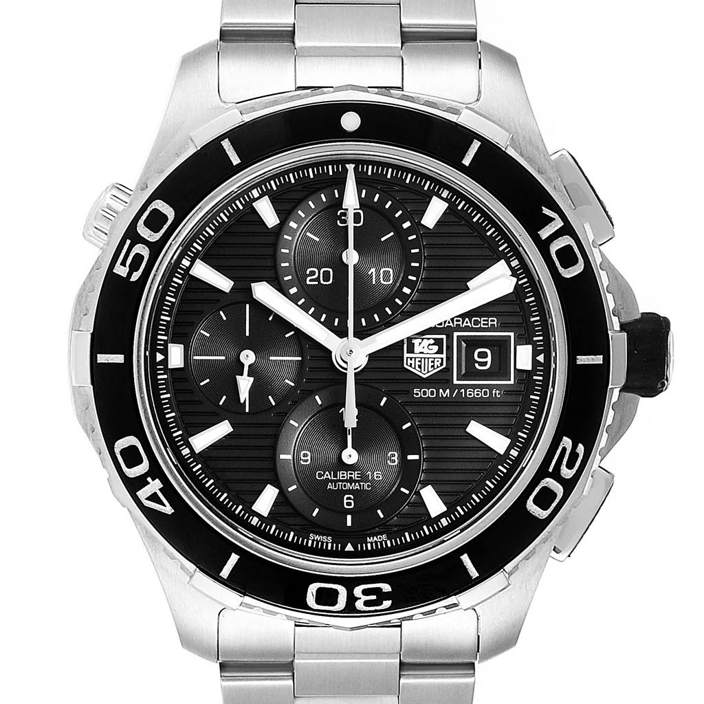 The image shows a front view of a Tag Heuer Aquaracer CAK2110.BA0833 Men's Stainless Steel Black Dial CAK2110.BA0833 Men's Stainless Steel Black Dial watch, featuring a black dial with multiple subdials, a date window, and a metal bracelet.