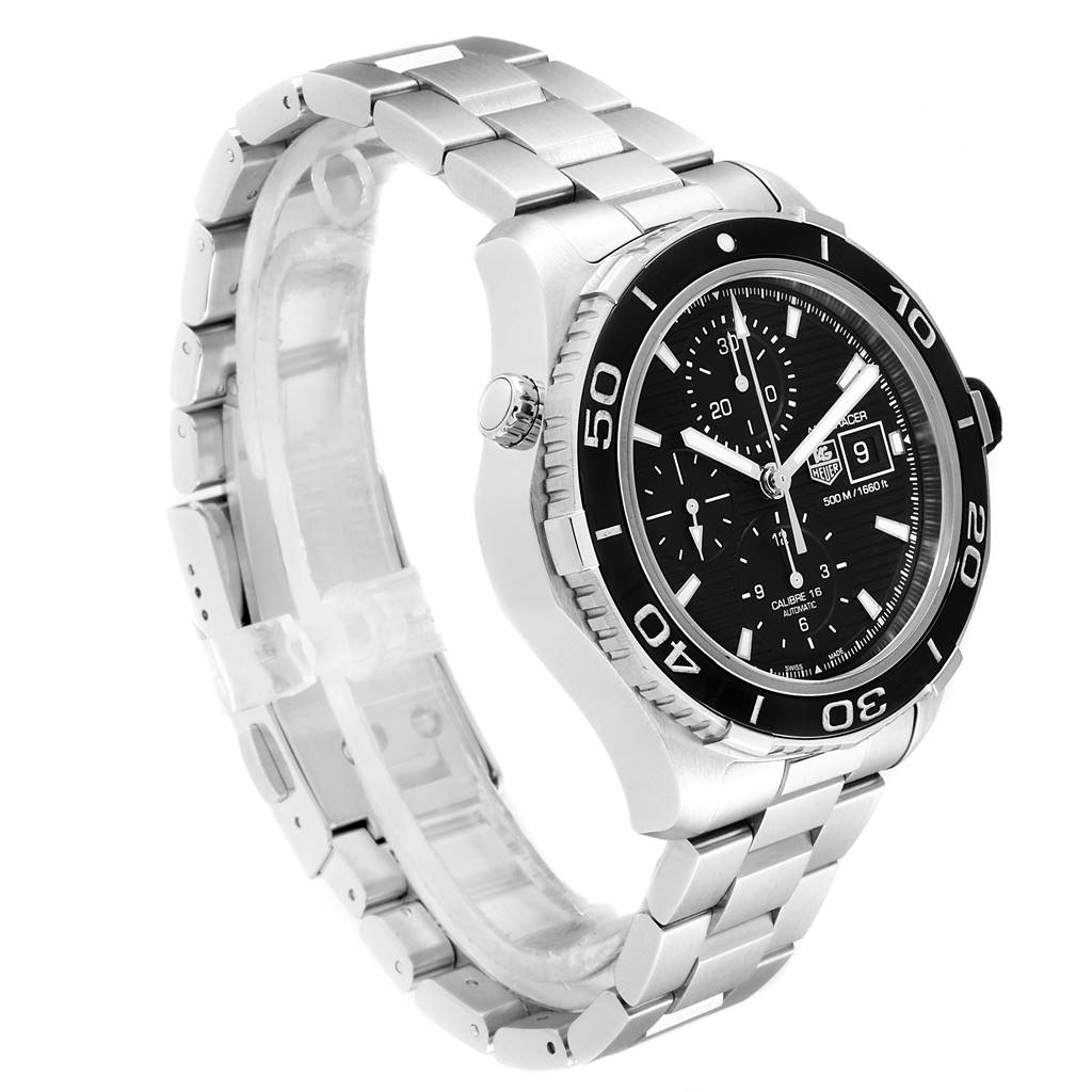 The Tag Heuer Aquaracer CAK2110.BA0833 Men's Stainless Steel Black Dial CAK2110.BA0833 Men's Stainless Steel Black Dial watch is shown at an angle highlighting the face, bezel, crown, and metal bracelet.