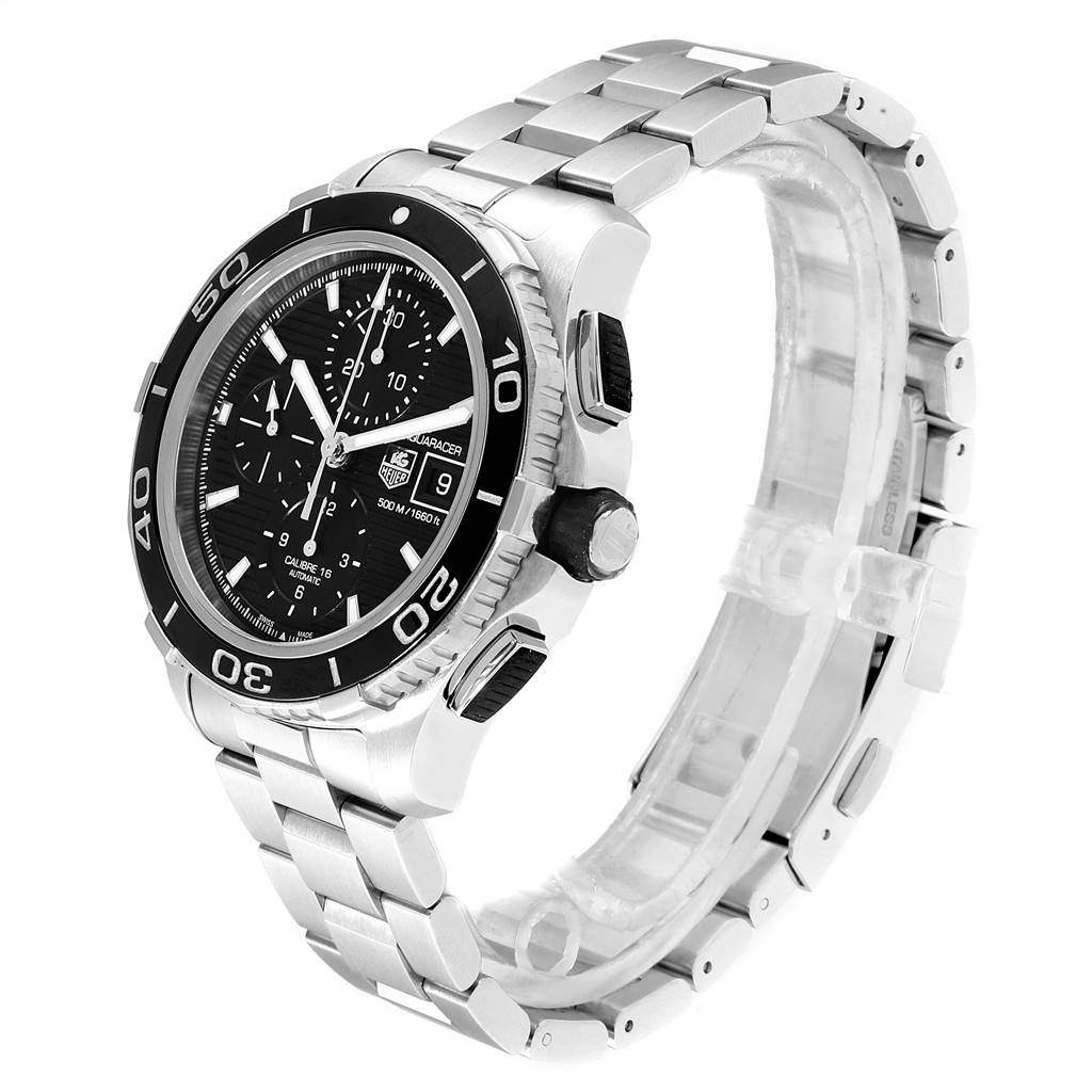 The image shows the Tag Heuer Aquaracer CAK2110.BA0833 Men's Stainless Steel Black Dial CAK2110.BA0833 Men's Stainless Steel Black Dial watch angled from the front-right side, displaying the dial, bezel, and stainless steel bracelet.