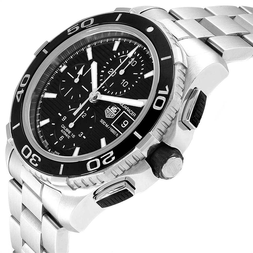The image shows the Tag Heuer Aquaracer CAK2110.BA0833 Men's Stainless Steel Black Dial CAK2110.BA0833 Men's Stainless Steel Black Dial watch from a slight angled side view, highlighting its bezel, dial, and stainless steel bracelet.