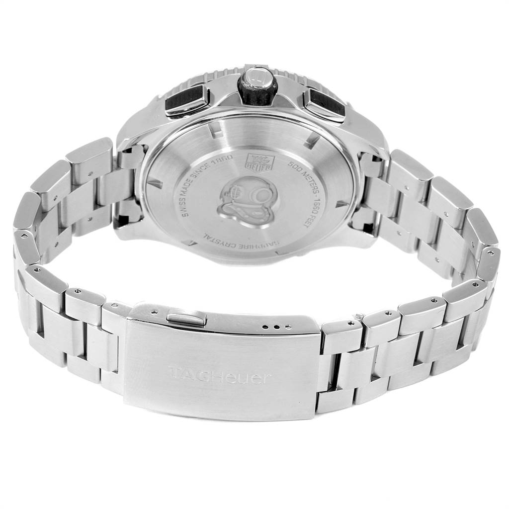 The image shows the back case and bracelet of the Tag Heuer Aquaracer CAK2110.BA0833 Men's Stainless Steel Black Dial CAK2110.BA0833 Men's Stainless Steel Black Dial watch from a rear angle.