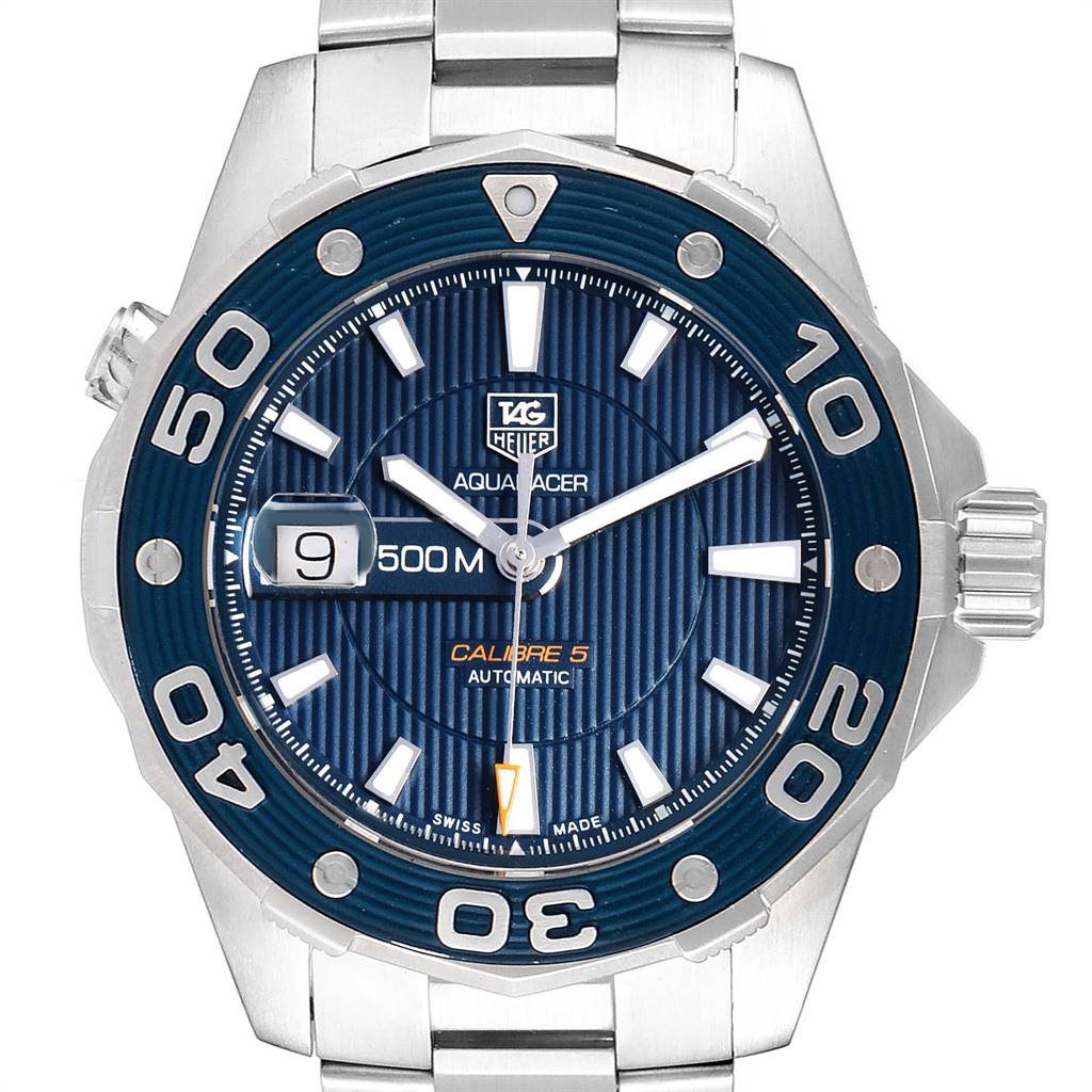 Front view of the Tag Heuer Aquaracer RWV9540 Men
s Stainless Steel Blue Dial RWV9540 Men
s Stainless Steel Blue Dial watch showing the face, bezel, and part of the bracelet.