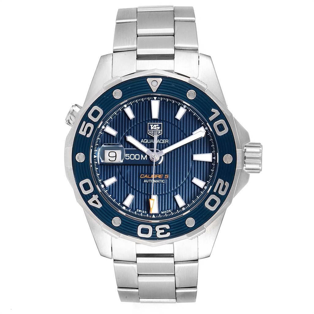 The image shows a front view of the Tag Heuer Aquaracer RWV9540 Men
s Stainless Steel Blue Dial RWV9540 Men
s Stainless Steel Blue Dial watch, displaying the dial, bezel, and bracelet.