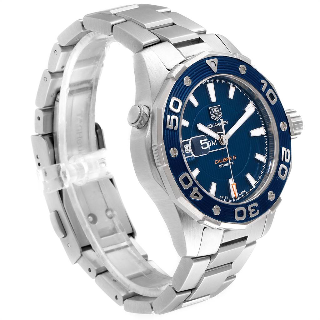 The image shows a side angle of the Tag Heuer Aquaracer RWV9540 Men
s Stainless Steel Blue Dial RWV9540 Men
s Stainless Steel Blue Dial watch, highlighting the stainless steel strap and bezel.