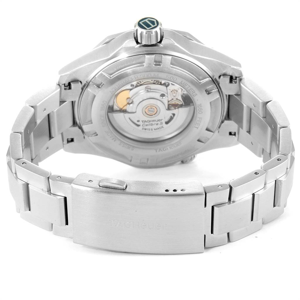 This image shows the back view of the Tag Heuer Aquaracer RWV9540 Men
s Stainless Steel Blue Dial RWV9540 Men
s Stainless Steel Blue Dial watch, highlighting its open case back and metal bracelet.