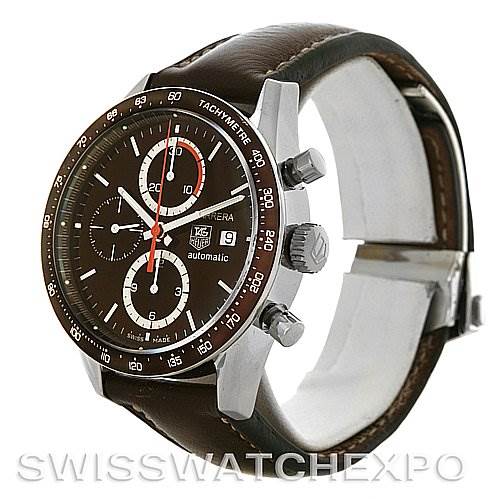The image shows a side view of the Tag Heuer Carrera CV2013 Men's Stainless Steel Brown Dial CV2013 Men's Stainless Steel Brown Dial watch, highlighting its brown dial, chronograph sub-dials, and leather strap.