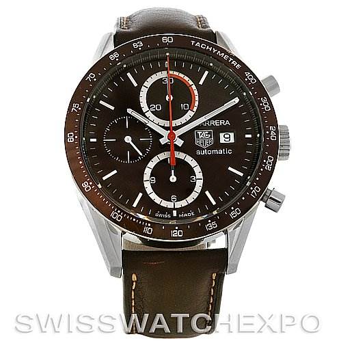 The image shows a front view of a Tag Heuer Carrera CV2013 Men's Stainless Steel Brown Dial CV2013 Men's Stainless Steel Brown Dial watch, featuring its dial, bezel, crown, and leather strap.