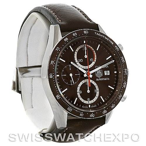 The image shows a side angle of the Tag Heuer Carrera CV2013 Men's Stainless Steel Brown Dial CV2013 Men's Stainless Steel Brown Dial watch, displaying its brown dial, tachymeter bezel, and leather strap.