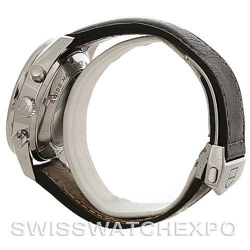 The image shows a side view of the Tag Heuer Carrera CV2013 Men's Stainless Steel Brown Dial CV2013 Men's Stainless Steel Brown Dial watch, highlighting its case, pushers, and leather strap.