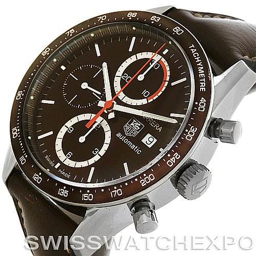 The image shows a Tag Heuer Carrera CV2013 Men's Stainless Steel Brown Dial CV2013 Men's Stainless Steel Brown Dial watch at an angle that highlights its face, crown, and chronograph pushers.