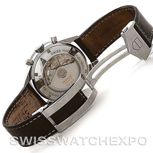 The image shows the back view of a Tag Heuer Carrera CV2013 Men's Stainless Steel Brown Dial CV2013 Men's Stainless Steel Brown Dial watch, displaying its movement and deployment clasp.