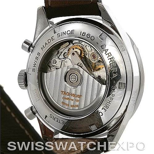 The image shows the back view of a Tag Heuer Carrera CV2013 Men's Stainless Steel Brown Dial CV2013 Men's Stainless Steel Brown Dial watch, highlighting the movement and inner mechanisms.