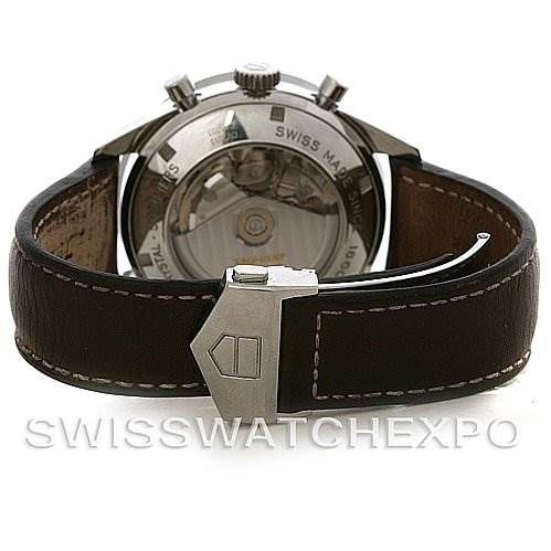 This image shows the back view of a Tag Heuer Carrera CV2013 Men's Stainless Steel Brown Dial CV2013 Men's Stainless Steel Brown Dial watch, highlighting its movement through the transparent case back and the leather strap.