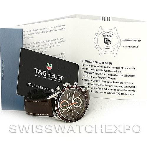 The image shows a Tag Heuer Carrera CV2013 Men's Stainless Steel Brown Dial CV2013 Men's Stainless Steel Brown Dial watch at an angle highlighting the front dial, accompanied by its international guarantee and user guide.