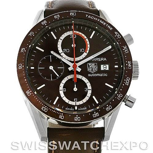 The image shows a front view of a Tag Heuer Carrera CV2013 Men's Stainless Steel Brown Dial CV2013 Men's Stainless Steel Brown Dial watch, highlighting its dial, subdials, date window, and tachymeter bezel.