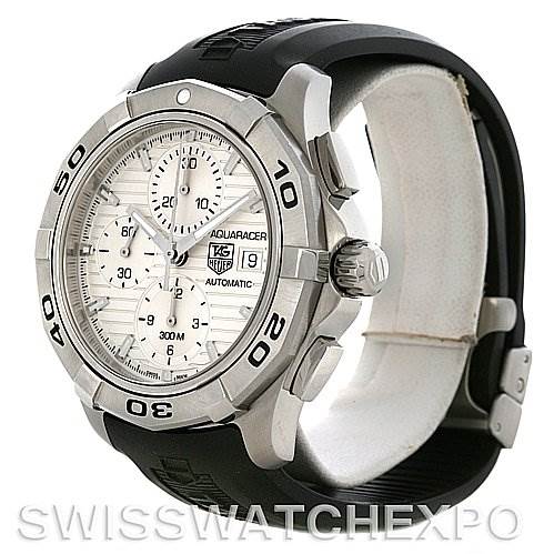 This image shows a Tag Heuer Aquaracer CAP2111.FT6028 Men's Stainless Steel Silver Dial CAP2111.FT6028 Men's Stainless Steel Silver Dial watch from an angled side view, highlighting the face, bezel, crown, and part of the band.