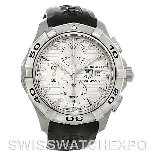 The image shows a front view of a Tag Heuer Aquaracer CAP2111.FT6028 Men's Stainless Steel Silver Dial CAP2111.FT6028 Men's Stainless Steel Silver Dial watch, highlighting the face, bezel, and part of the strap.