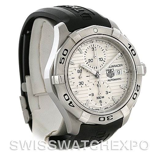 The image shows a Tag Heuer Aquaracer CAP2111.FT6028 Men's Stainless Steel Silver Dial CAP2111.FT6028 Men's Stainless Steel Silver Dial watch at a slight side angle, highlighting its bezel, dial, and rubber strap.