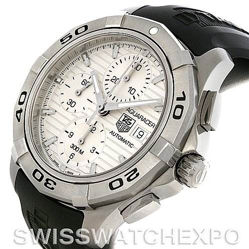 This image shows a Tag Heuer Aquaracer CAP2111.FT6028 Men's Stainless Steel Silver Dial CAP2111.FT6028 Men's Stainless Steel Silver Dial watch from a three-quarter angle, highlighting the face, bezel, crown, and part of the strap.