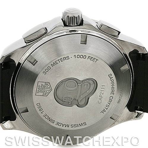 This image shows the back of a Tag Heuer Aquaracer CAP2111.FT6028 Men's Stainless Steel Silver Dial CAP2111.FT6028 Men's Stainless Steel Silver Dial watch, highlighting its case back, engravings, and crown.