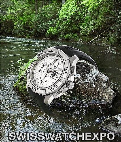 The Tag Heuer Aquaracer CAP2111.FT6028 Men's Stainless Steel Silver Dial CAP2111.FT6028 Men's Stainless Steel Silver Dial watch is shown from a front angle, displaying its bezel, dial, and part of the strap.