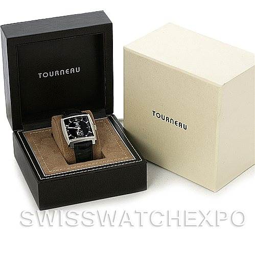 The Tag Heuer Monaco WW2110 Men's Stainless Steel Black Dial WW2110 Men's Stainless Steel Black Dial watch is shown at an angle inside an open black Tourneau box with an additional closed beige box.