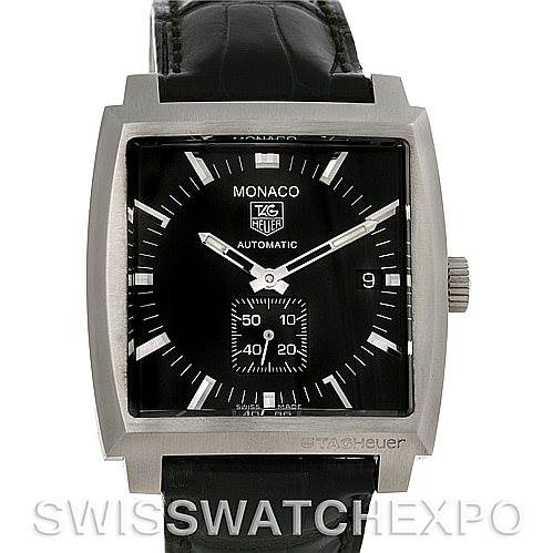 The Tag Heuer Monaco WW2110 Men's Stainless Steel Black Dial WW2110 Men's Stainless Steel Black Dial watch is shown from the front, featuring its square face, black dial, and black leather strap.