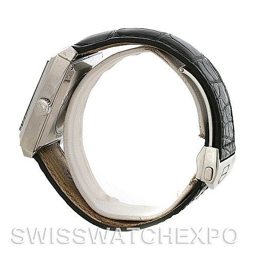 The image shows a side view of a Tag Heuer Monaco WW2110 Men's Stainless Steel Black Dial WW2110 Men's Stainless Steel Black Dial watch, highlighting the case, crown, and black leather strap.