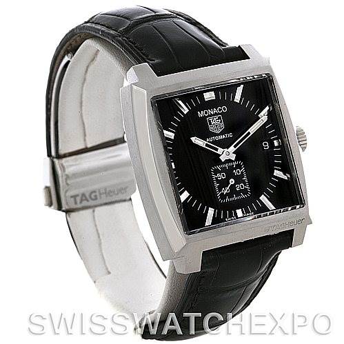 The image shows a side angle view of a Tag Heuer Monaco WW2110 Men's Stainless Steel Black Dial WW2110 Men's Stainless Steel Black Dial watch, highlighting its black leather strap and square dial.