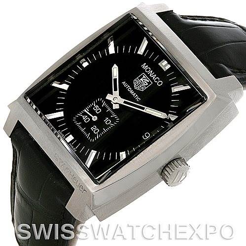 The image shows a Tag Heuer Monaco WW2110 Men's Stainless Steel Black Dial WW2110 Men's Stainless Steel Black Dial watch at a slight angle, highlighting the face, bezel, and crown, with part of the leather strap visible.