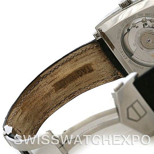 The image shows the backside of a Tag Heuer Monaco WW2110 Men's Stainless Steel Black Dial WW2110 Men's Stainless Steel Black Dial watch, highlighting the inner leather strap and part of the case back.