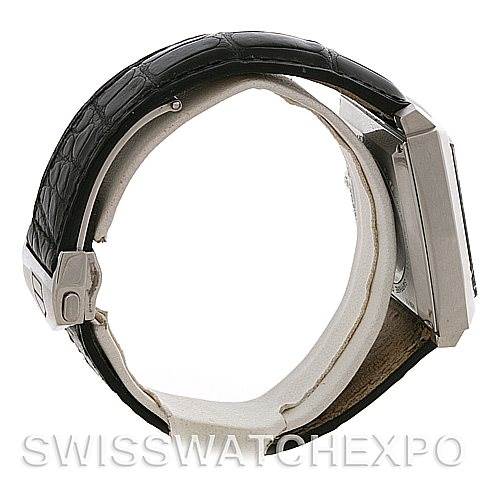 Side view of the Tag Heuer Monaco WW2110 Men's Stainless Steel Black Dial WW2110 Men's Stainless Steel Black Dial watch showcasing the leather strap and square case.