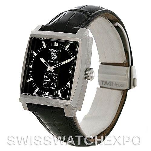 The image shows a Tag Heuer Monaco WW2110 Men's Stainless Steel Black Dial WW2110 Men's Stainless Steel Black Dial watch, angled slightly from the front, highlighting its square face, dial, and leather strap.