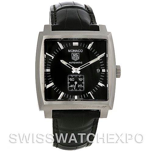 The image shows a front view of a Tag Heuer Monaco WW2110 Men's Stainless Steel Black Dial WW2110 Men's Stainless Steel Black Dial watch, displaying its face, hands, and black leather strap.