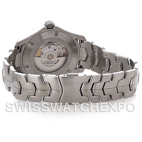 The image shows the back view of the Tag Heuer Link WW2110 Men's Stainless Steel Silver Dial WW2110 Men's Stainless Steel Silver Dial model watch, highlighting its metal bracelet and open case back displaying the movement.